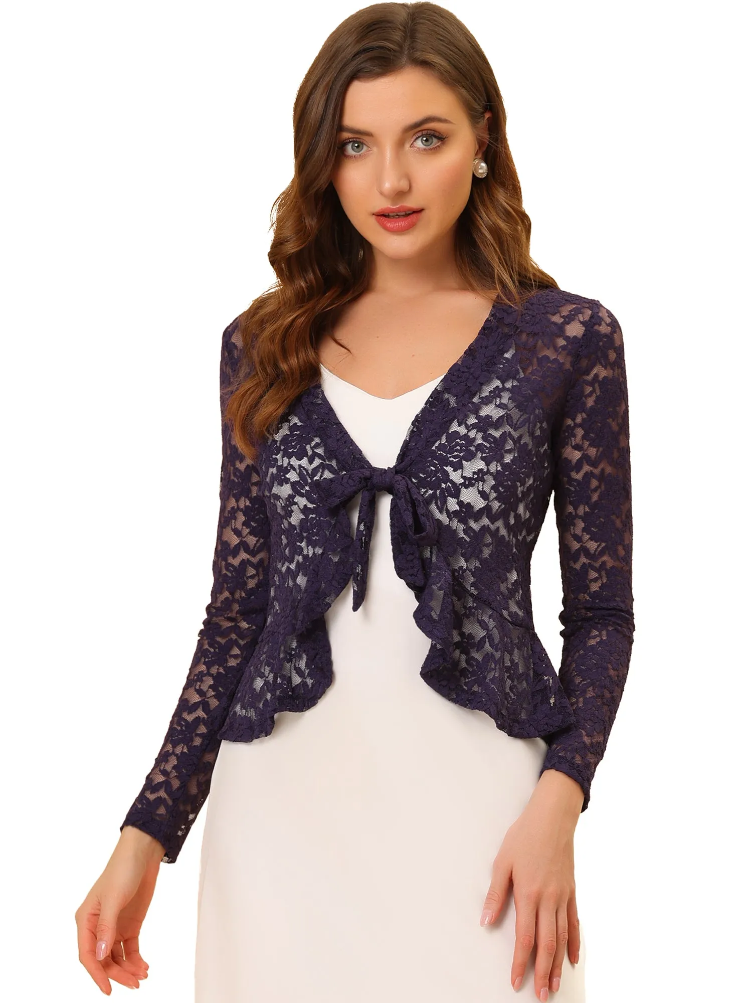 Floral Lace Tie Front Ruffled Hem Sheer Crop Bolero Shrug