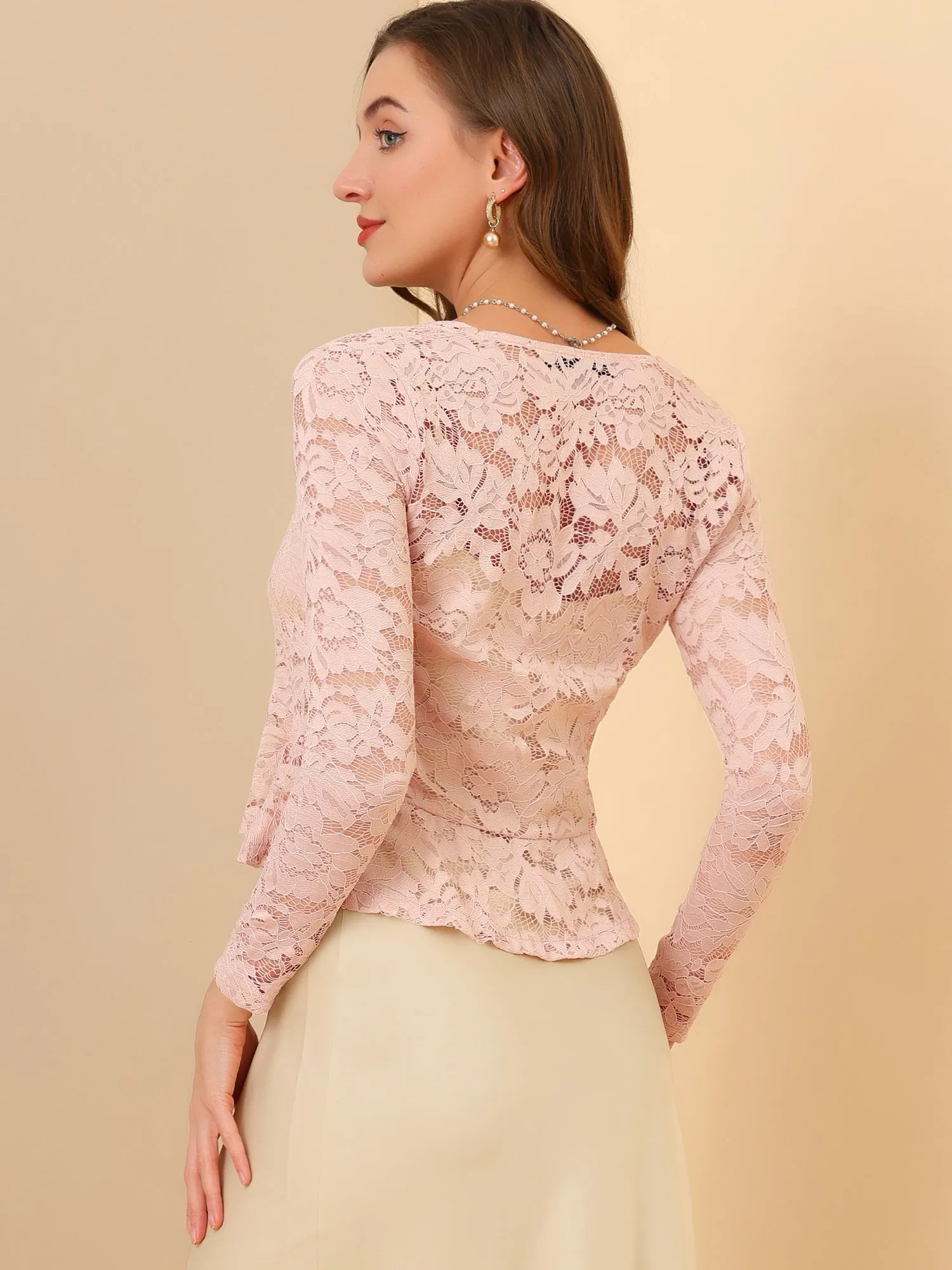 Floral Lace Tie Front Ruffled Hem Sheer Crop Bolero Shrug