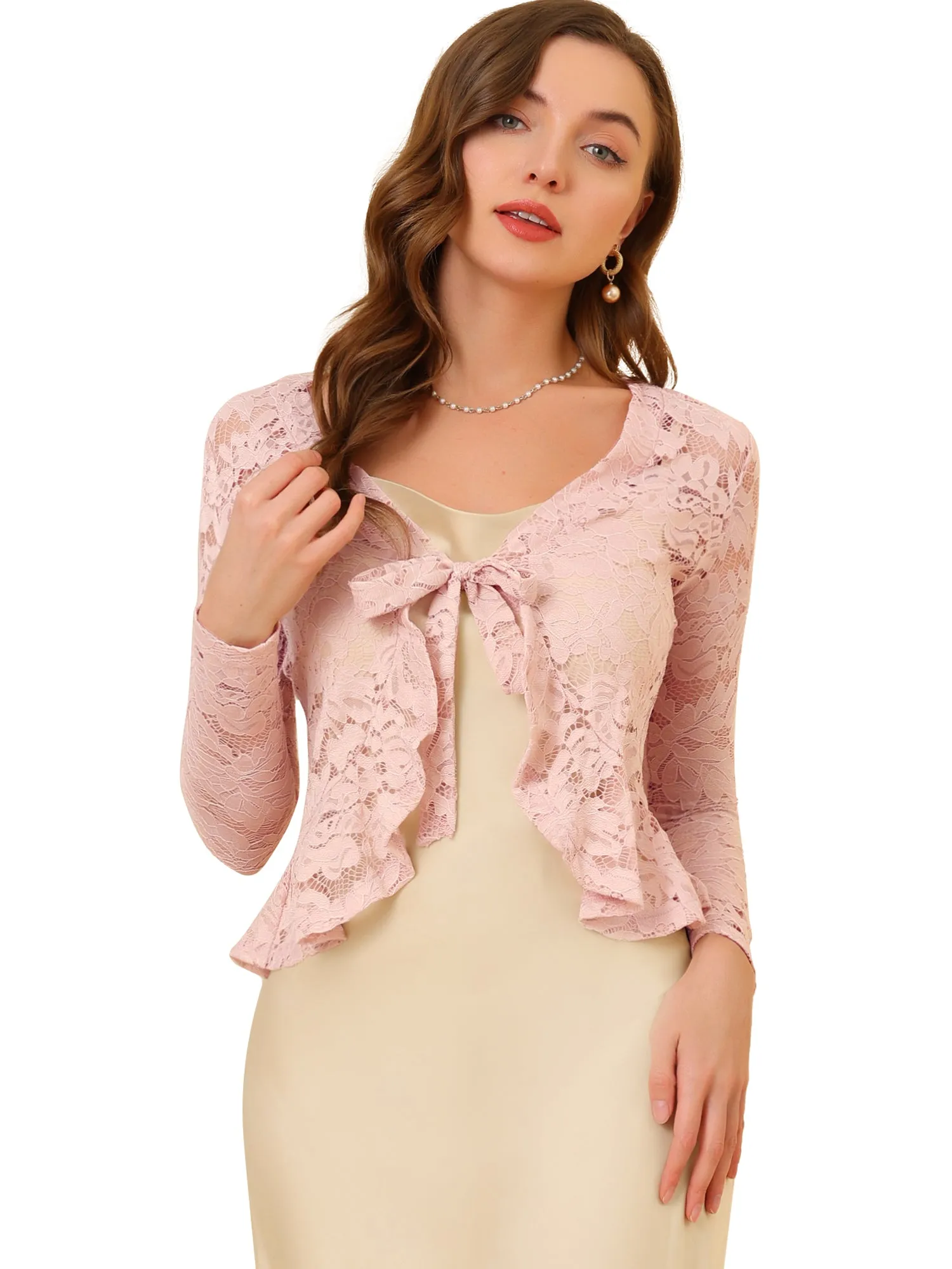 Floral Lace Tie Front Ruffled Hem Sheer Crop Bolero Shrug