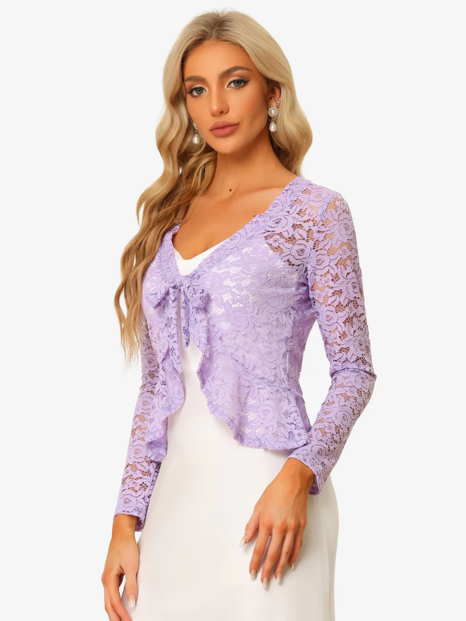 Floral Lace Tie Front Ruffled Hem Sheer Crop Bolero Shrug