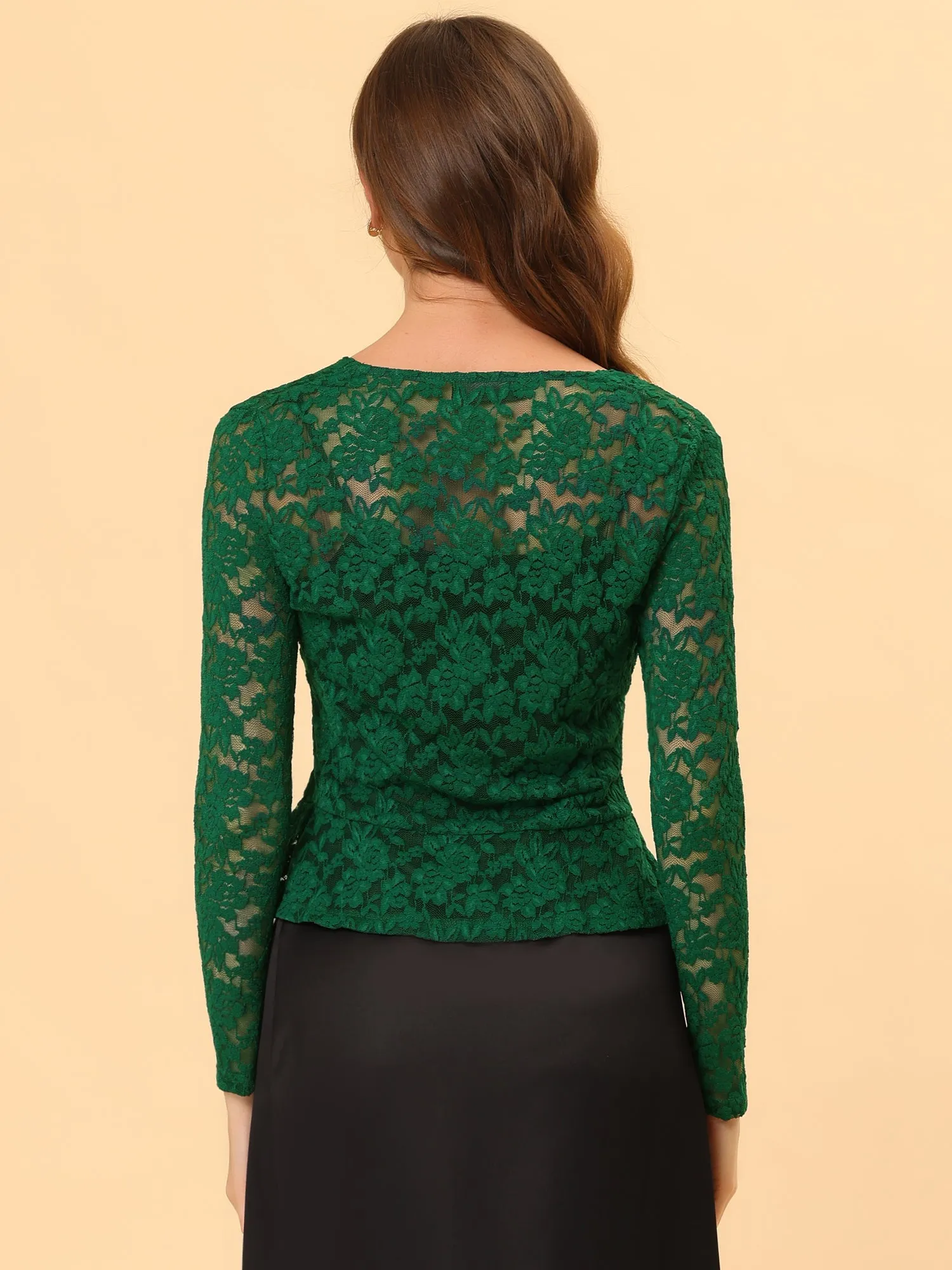 Floral Lace Tie Front Ruffled Hem Sheer Crop Bolero Shrug