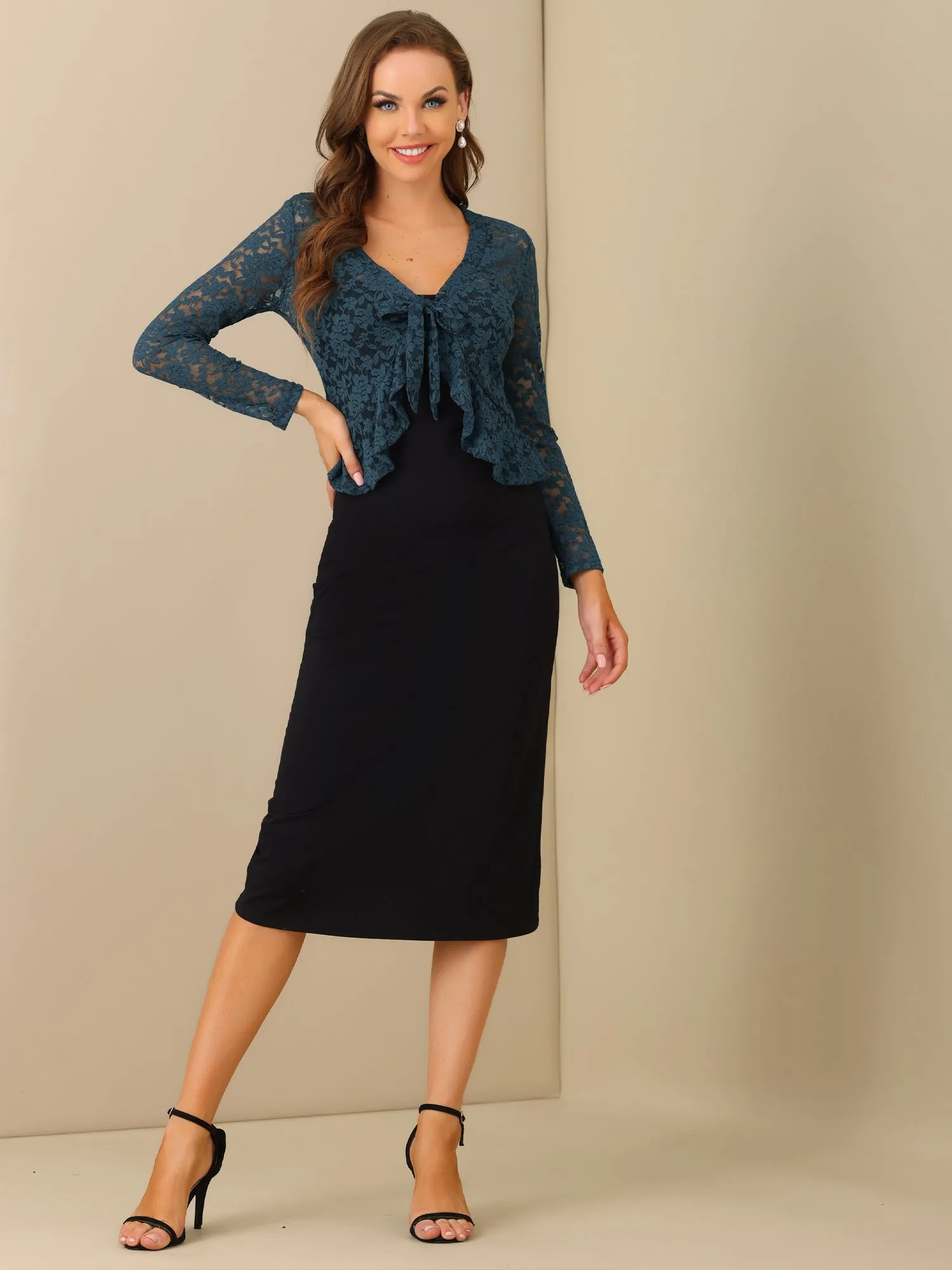 Floral Lace Tie Front Ruffled Hem Sheer Crop Bolero Shrug