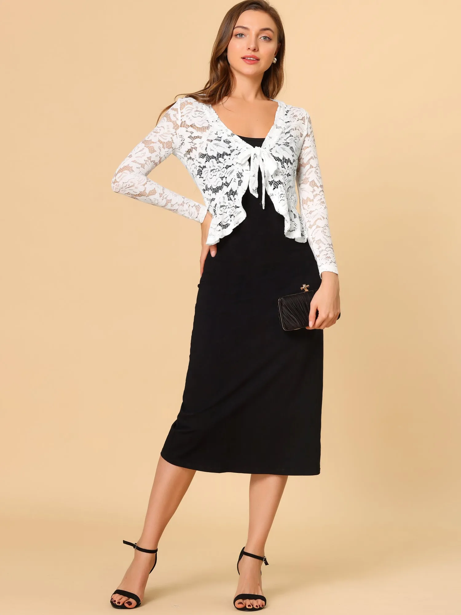 Floral Lace Tie Front Ruffled Hem Sheer Crop Bolero Shrug