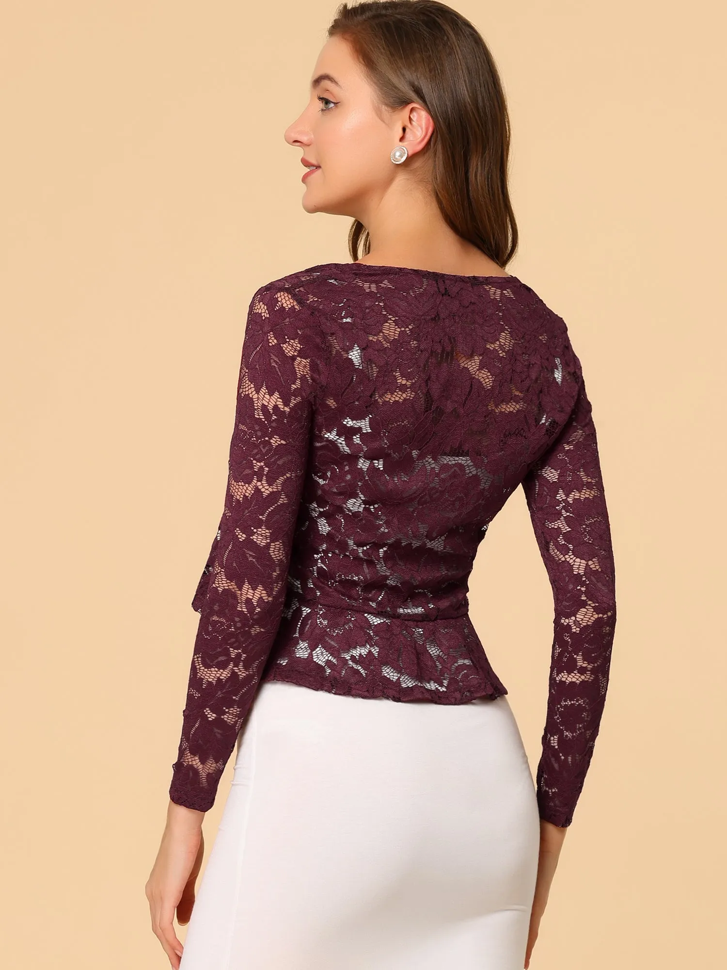Floral Lace Tie Front Ruffled Hem Sheer Crop Bolero Shrug