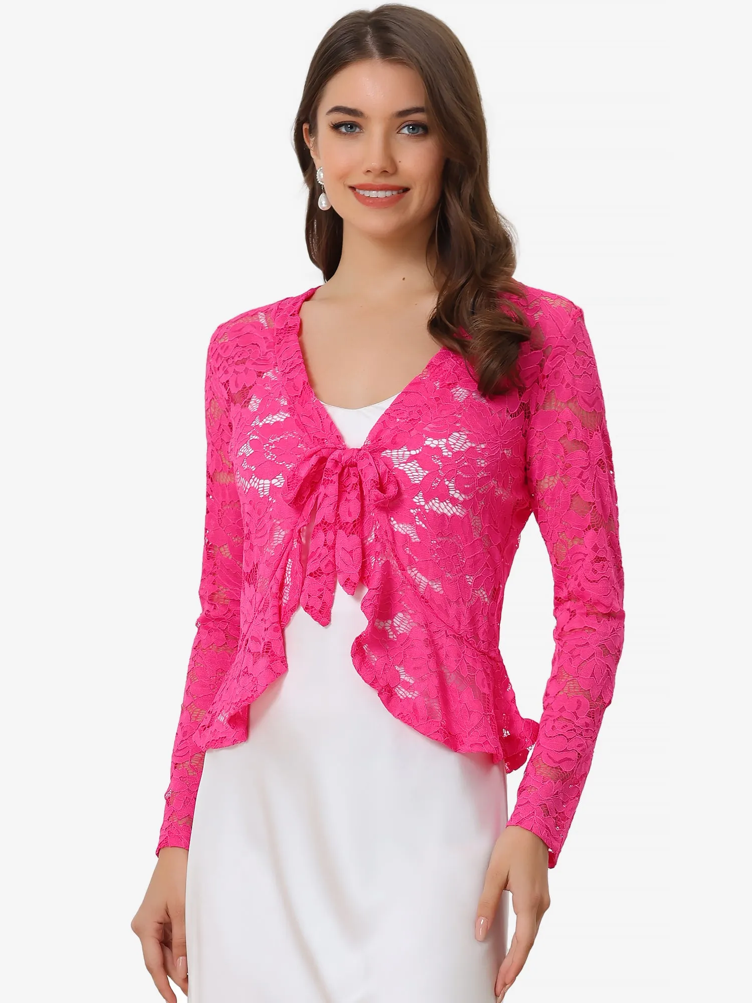 Floral Lace Tie Front Ruffled Hem Sheer Crop Bolero Shrug
