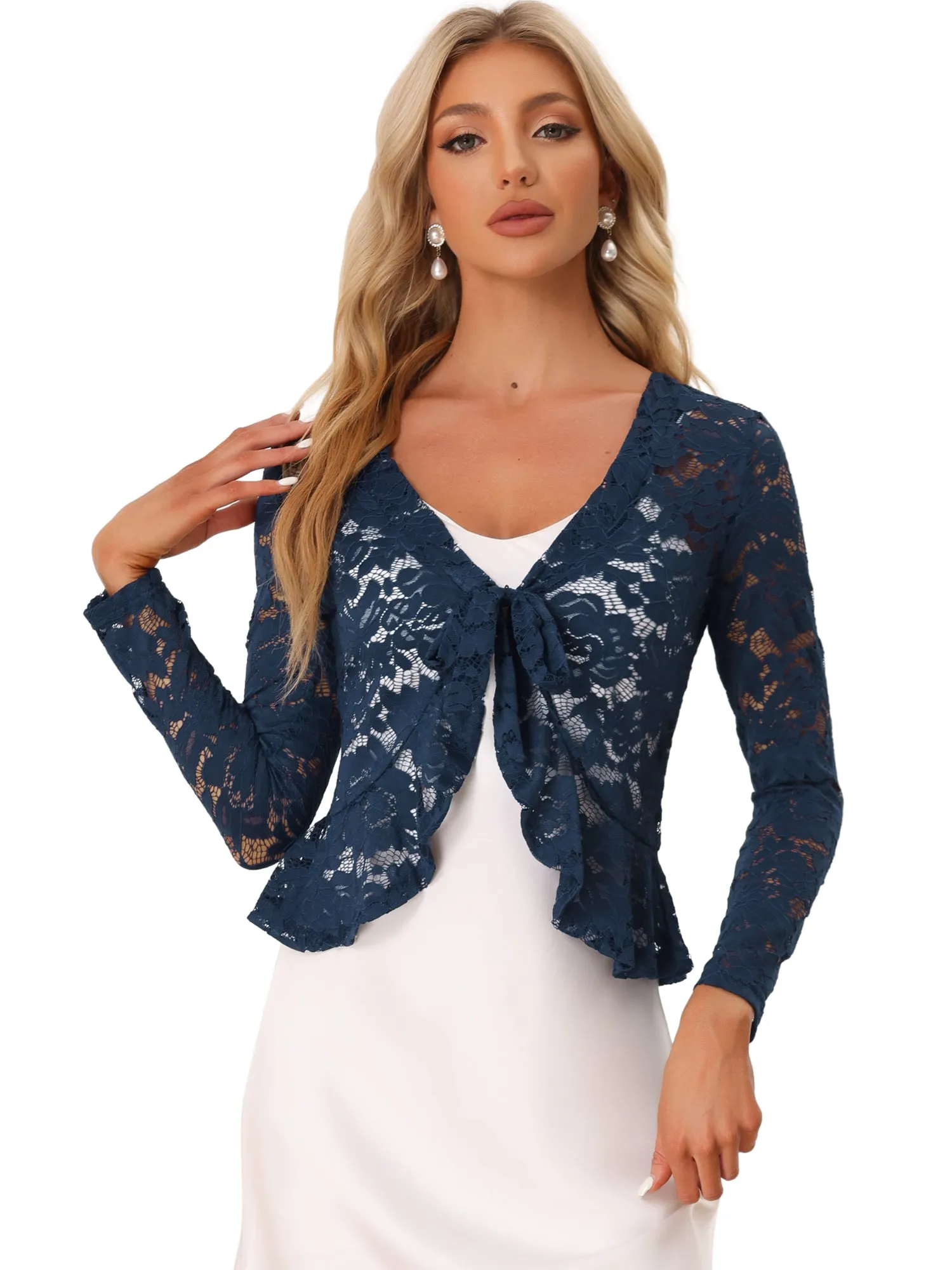 Floral Lace Tie Front Ruffled Hem Sheer Crop Bolero Shrug