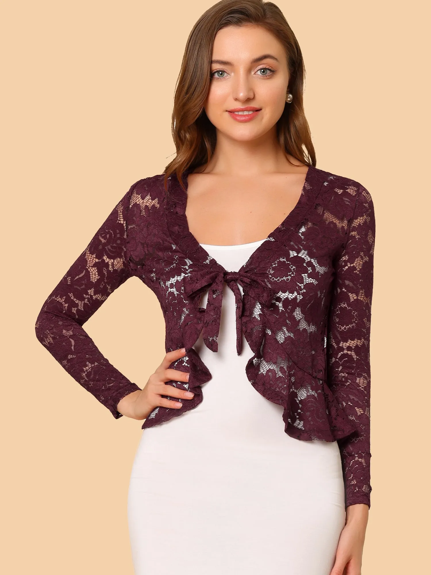 Floral Lace Tie Front Ruffled Hem Sheer Crop Bolero Shrug