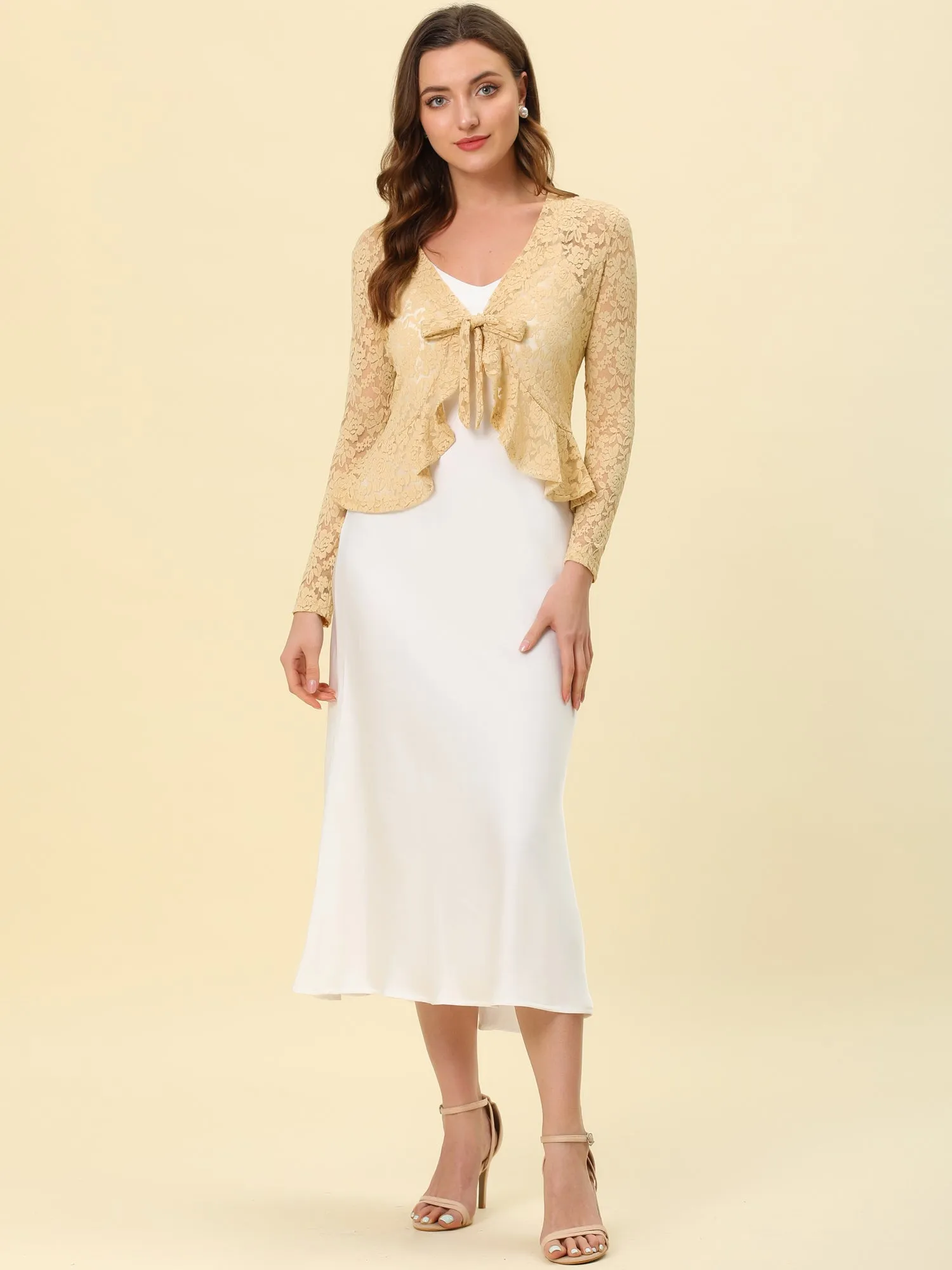 Floral Lace Tie Front Ruffled Hem Sheer Crop Bolero Shrug