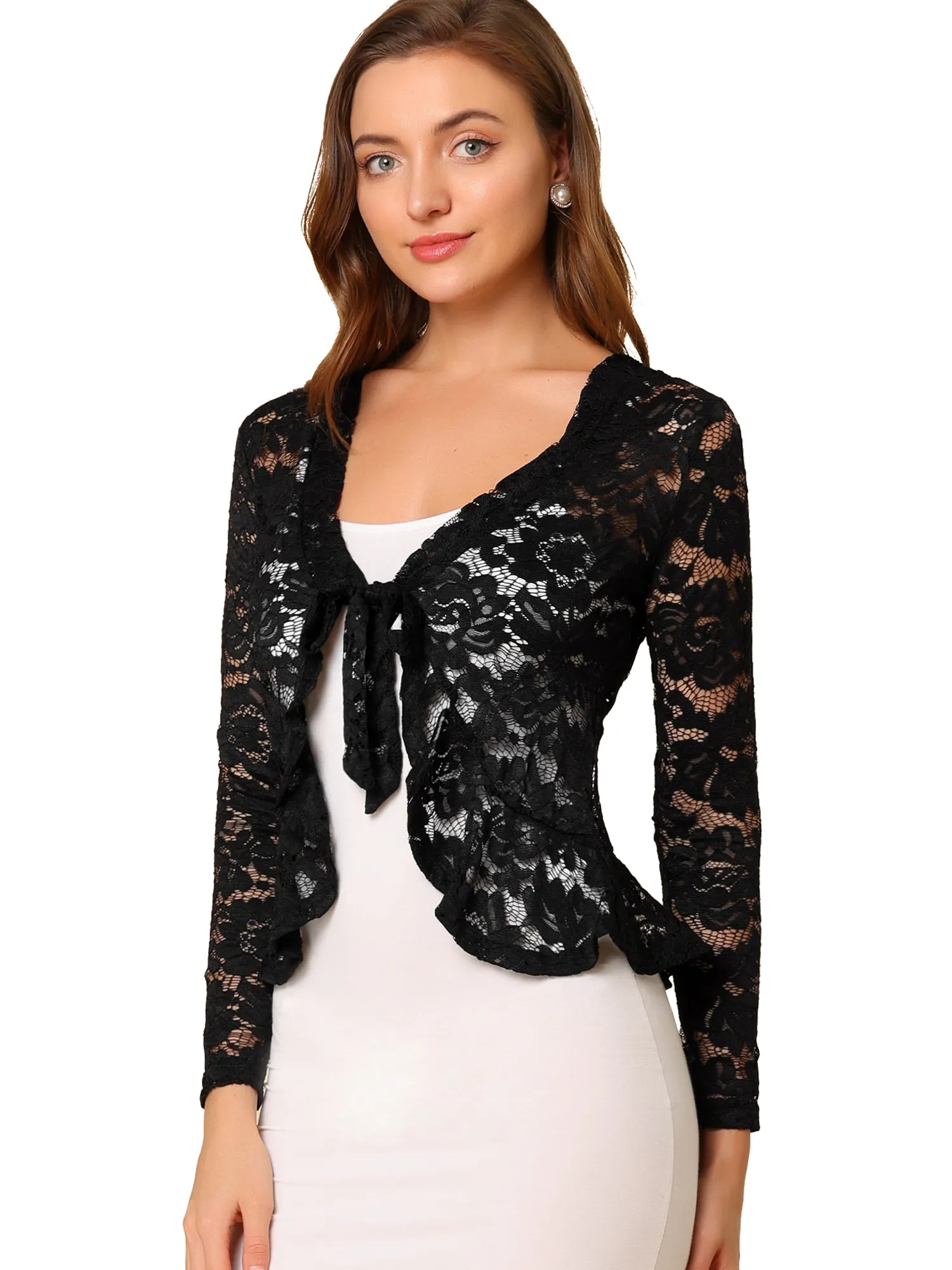 Floral Lace Tie Front Ruffled Hem Sheer Crop Bolero Shrug
