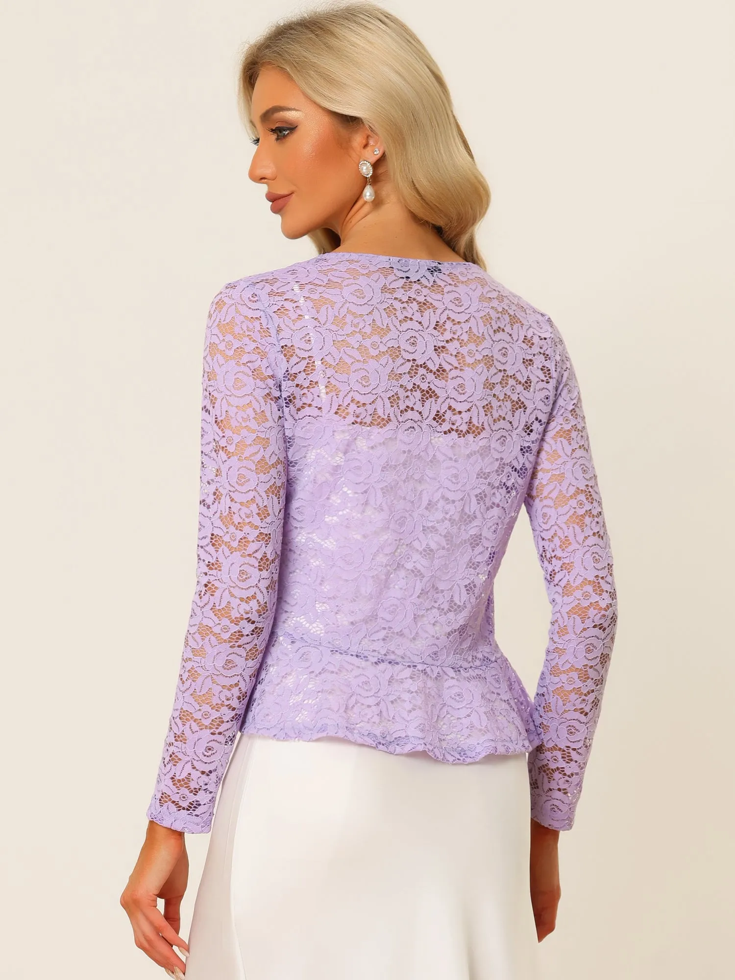 Floral Lace Tie Front Ruffled Hem Sheer Crop Bolero Shrug