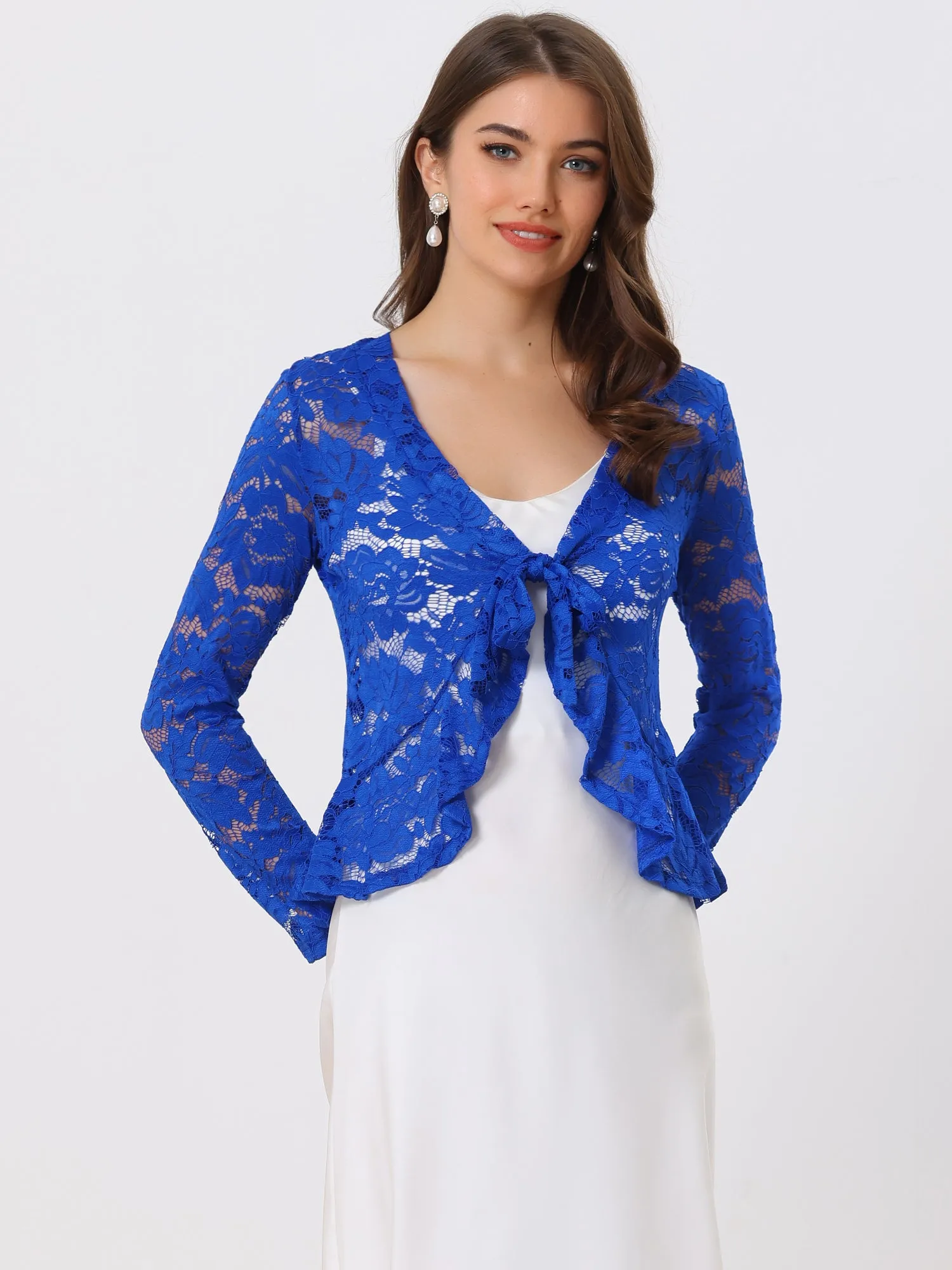 Floral Lace Tie Front Ruffled Hem Sheer Crop Bolero Shrug