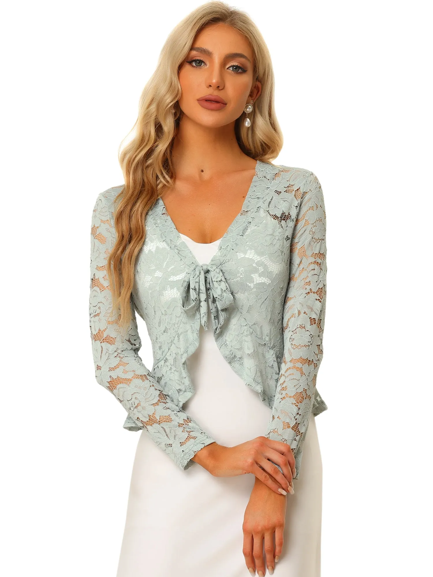 Floral Lace Tie Front Ruffled Hem Sheer Crop Bolero Shrug