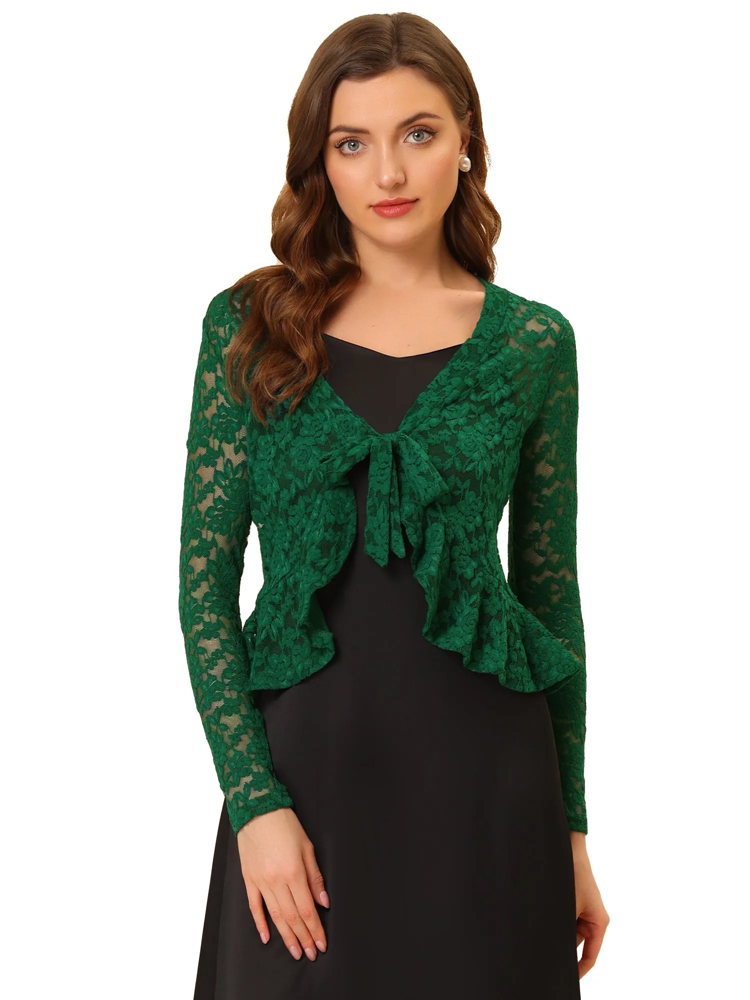 Floral Lace Tie Front Ruffled Hem Sheer Crop Bolero Shrug