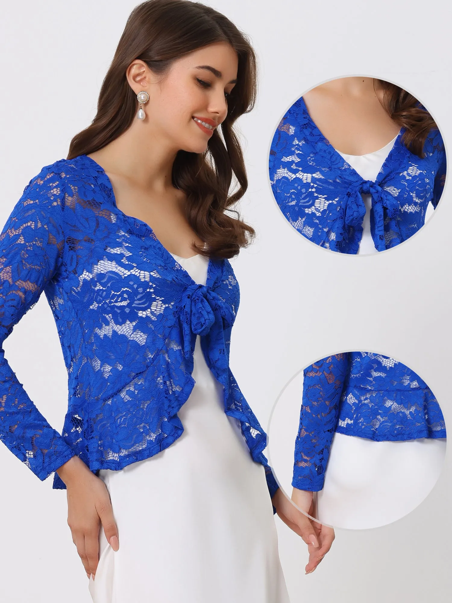 Floral Lace Tie Front Ruffled Hem Sheer Crop Bolero Shrug
