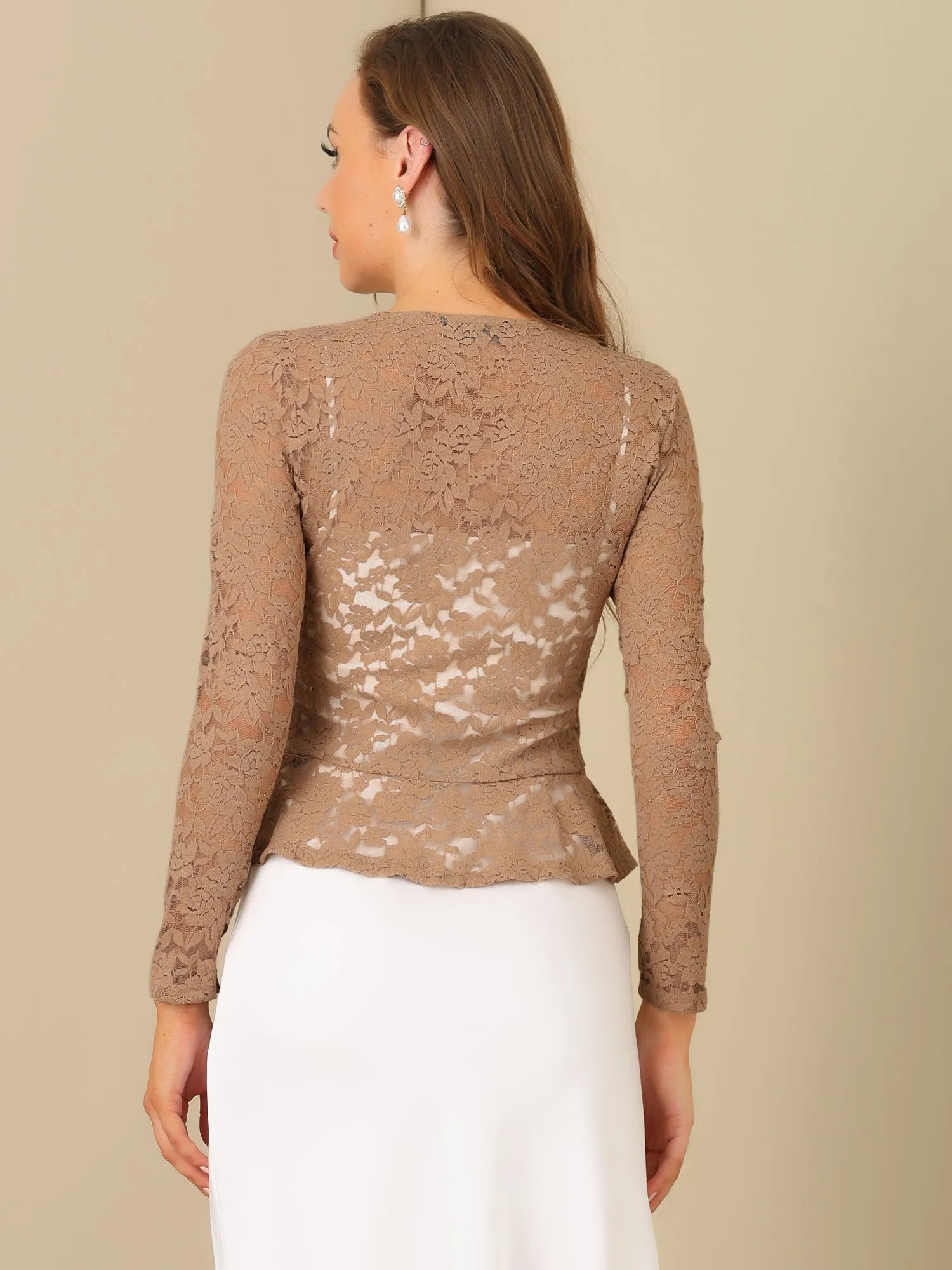 Floral Lace Tie Front Ruffled Hem Sheer Crop Bolero Shrug