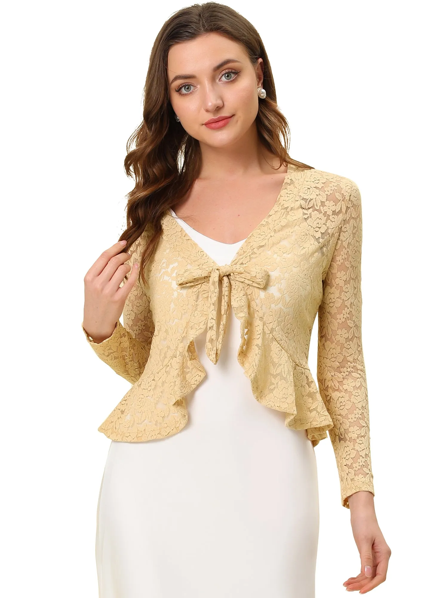 Floral Lace Tie Front Ruffled Hem Sheer Crop Bolero Shrug