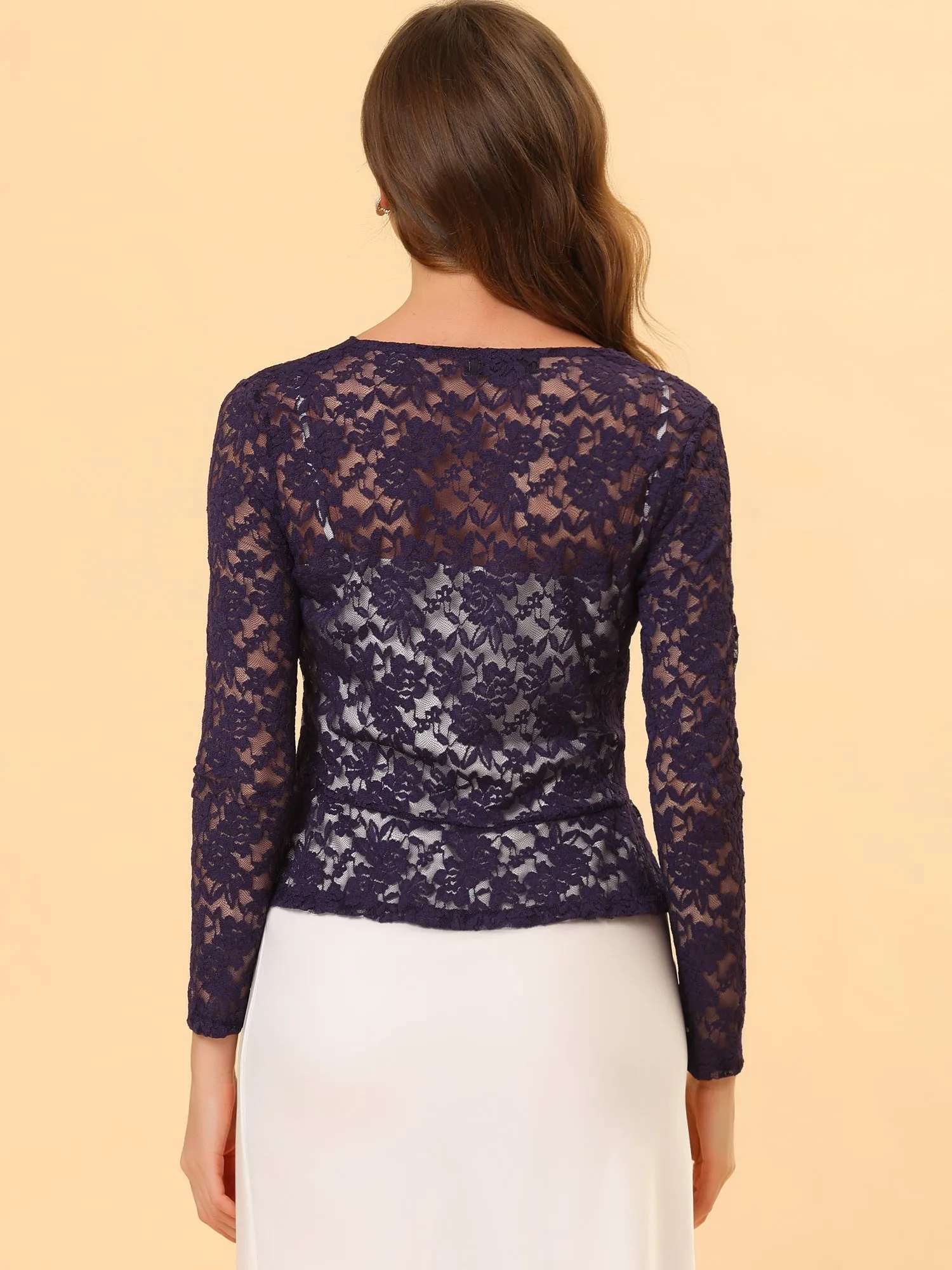 Floral Lace Tie Front Ruffled Hem Sheer Crop Bolero Shrug