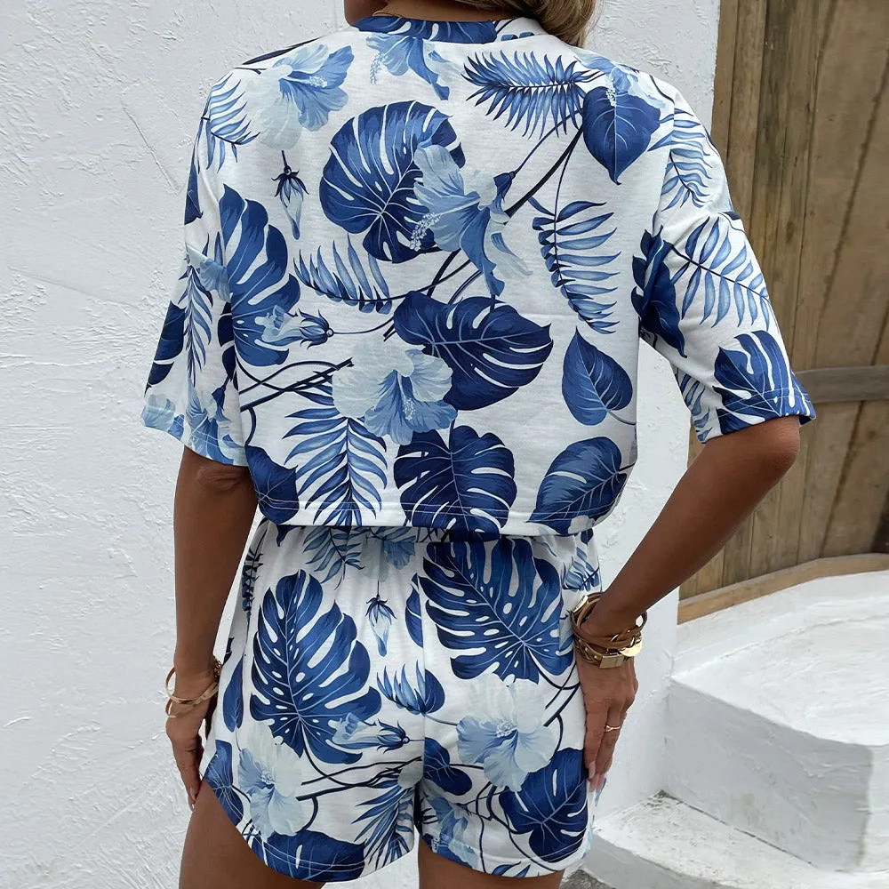 Floral Leaf Print Round Neck Dropped Shoulder Top and Shorts Set