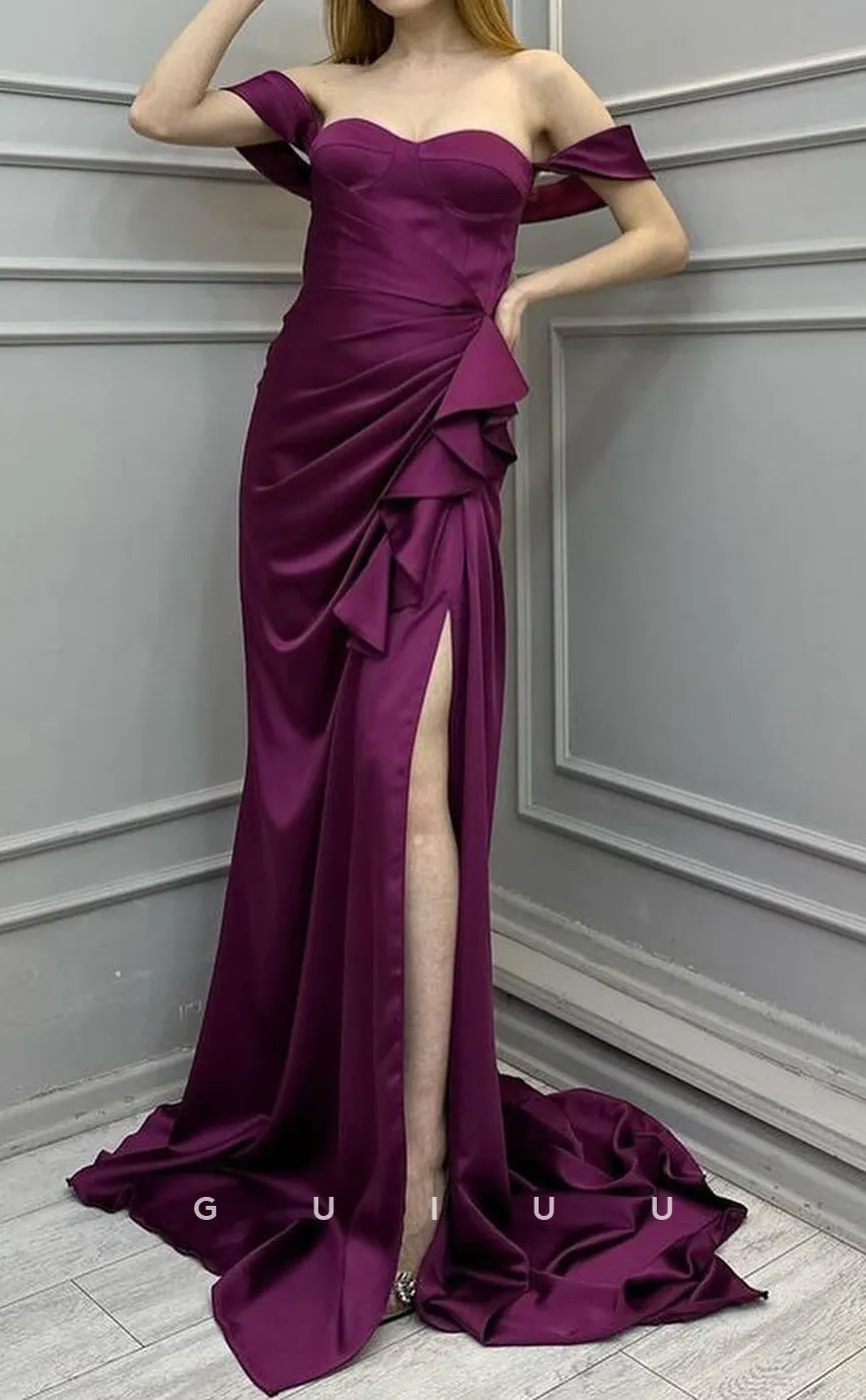 G3908 -  Sheath Off Shoulder Straplesss Pleated Rufffles Long Prom Dress with High Slit