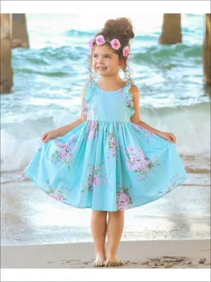 Girls A-Line Mint Sleeveless Ruffled Floral Print Dress