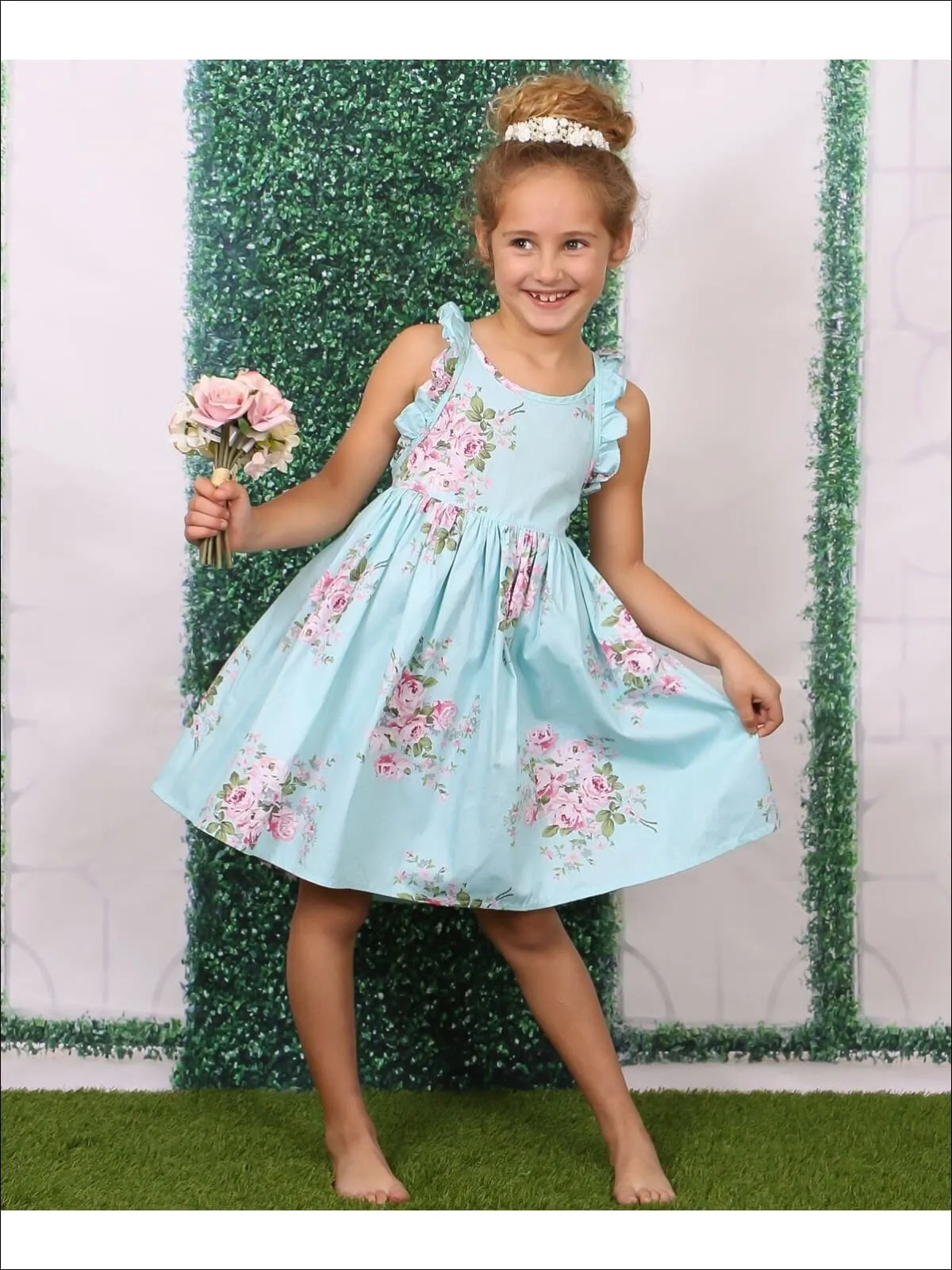Girls A-Line Mint Sleeveless Ruffled Floral Print Dress