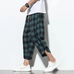 Green Checked Linen Drawstring Cropped Pants