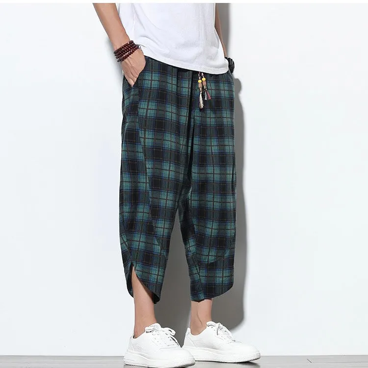 Green Checked Linen Drawstring Cropped Pants