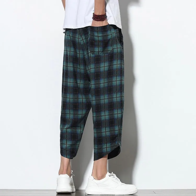 Green Checked Linen Drawstring Cropped Pants