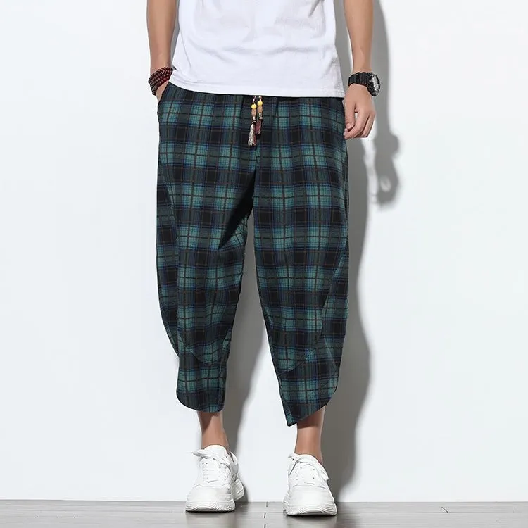 Green Checked Linen Drawstring Cropped Pants