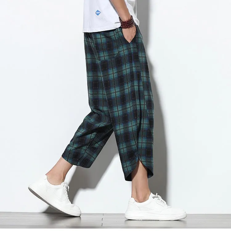 Green Checked Linen Drawstring Cropped Pants