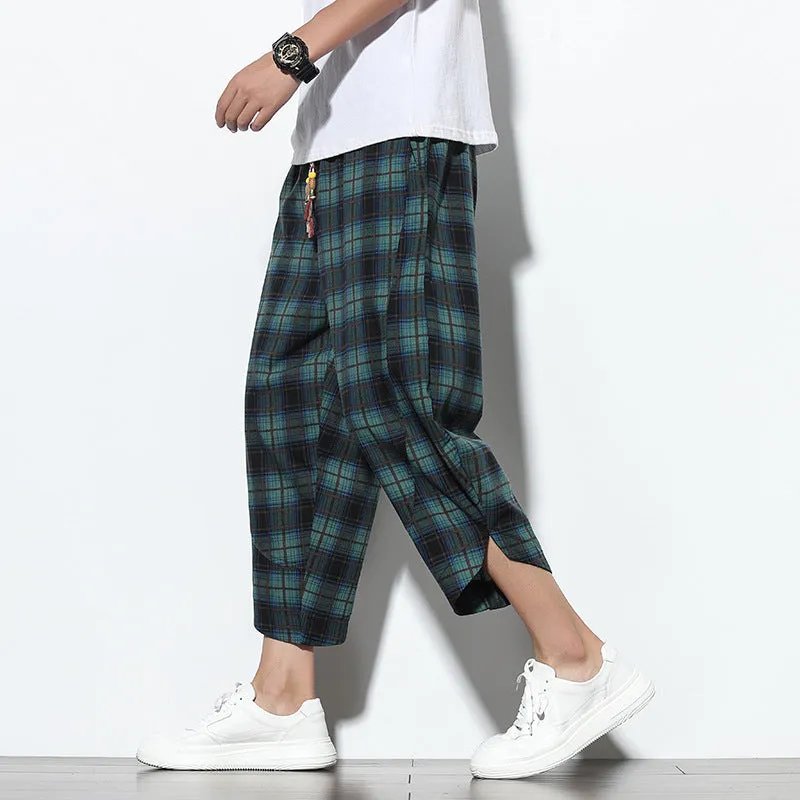 Green Checked Linen Drawstring Cropped Pants