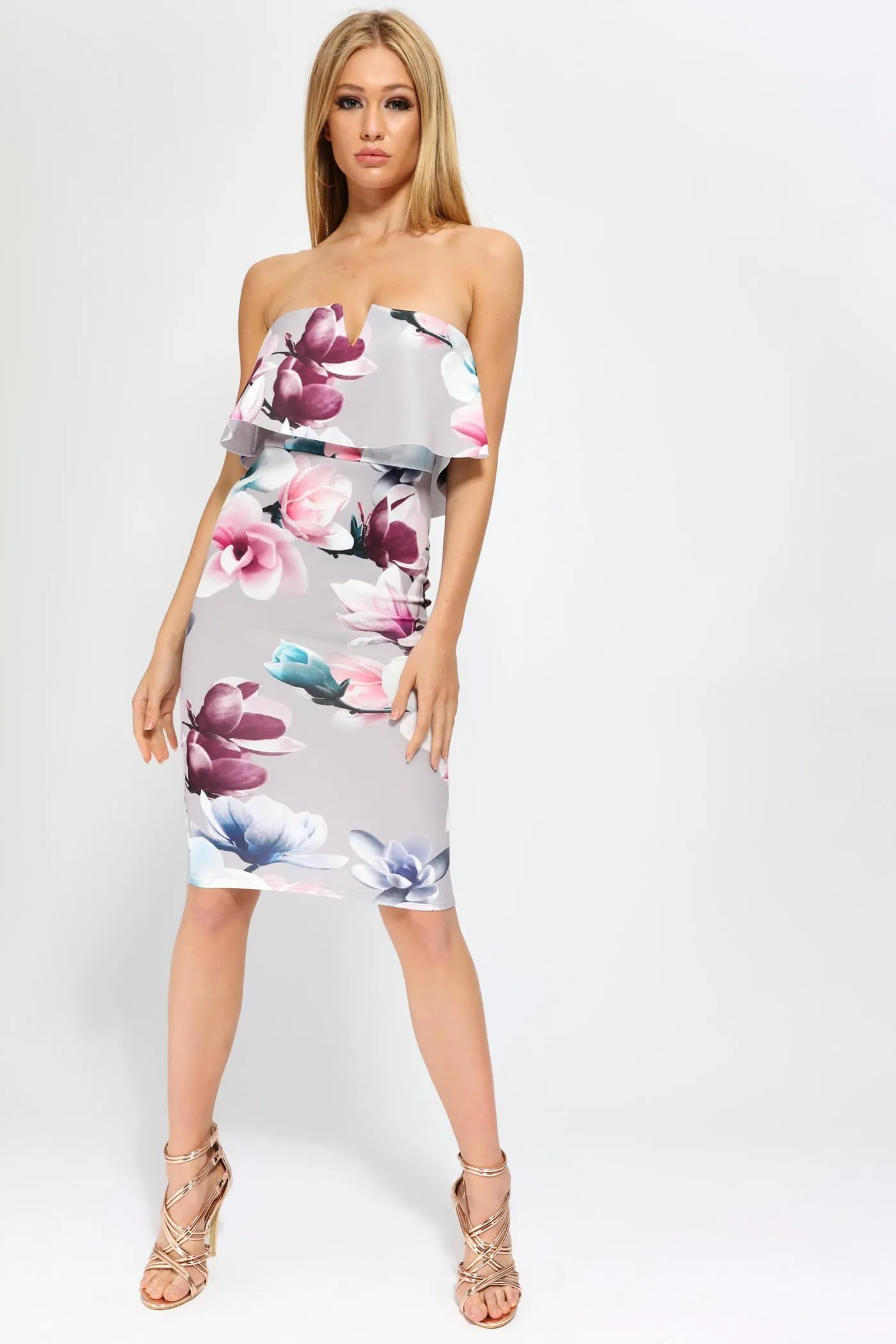 Grey Floral Scuba Midi Dress