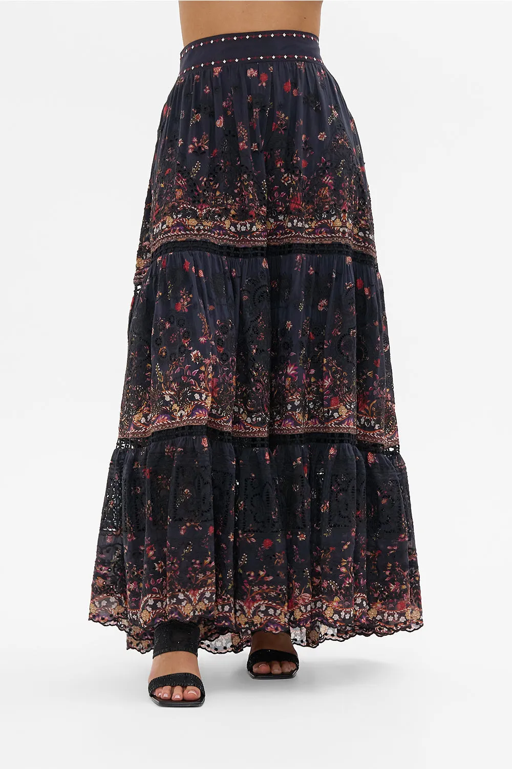 HIGH WAISTED EMBROIDERED TIERED SKIRT LOOM TO TOMB