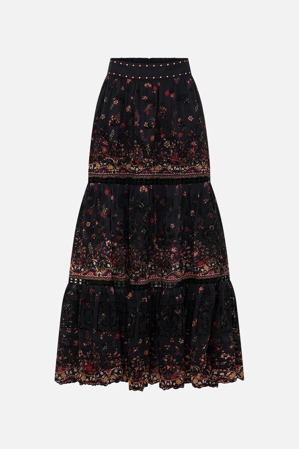 HIGH WAISTED EMBROIDERED TIERED SKIRT LOOM TO TOMB