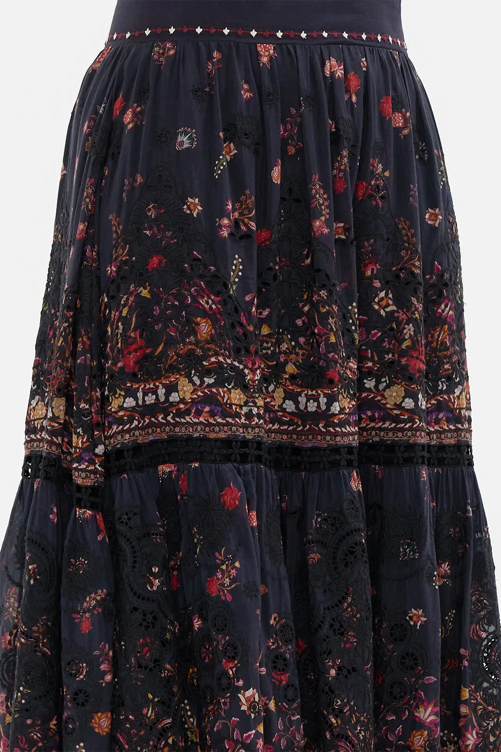 HIGH WAISTED EMBROIDERED TIERED SKIRT LOOM TO TOMB