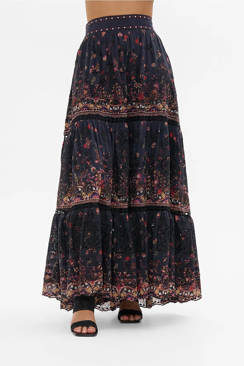 HIGH WAISTED EMBROIDERED TIERED SKIRT LOOM TO TOMB
