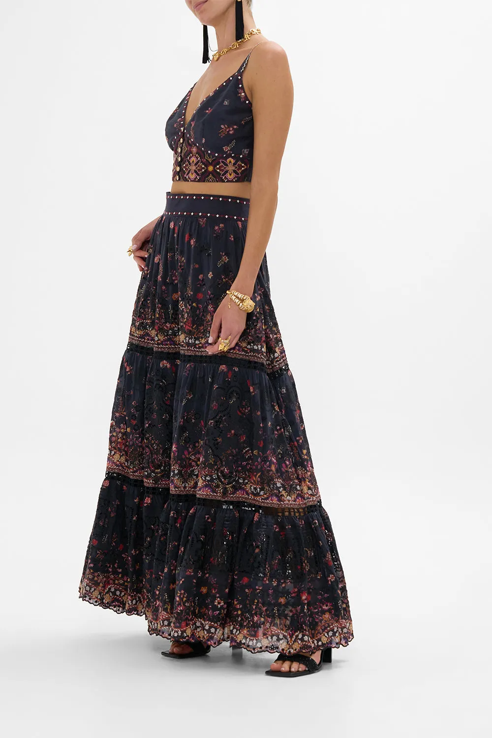 HIGH WAISTED EMBROIDERED TIERED SKIRT LOOM TO TOMB