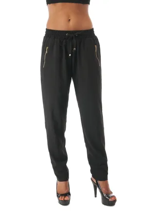 Hollywood Star Fashion Long Tapered Elastic Waist With Drawstrings Pants With Zipper Detail
