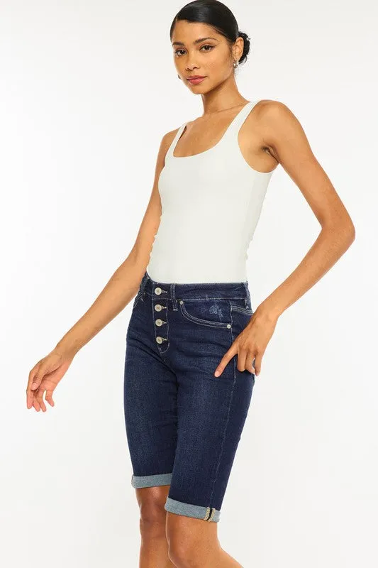 Kancan High Rise Button Down Cuffed Bermuda Jeans
