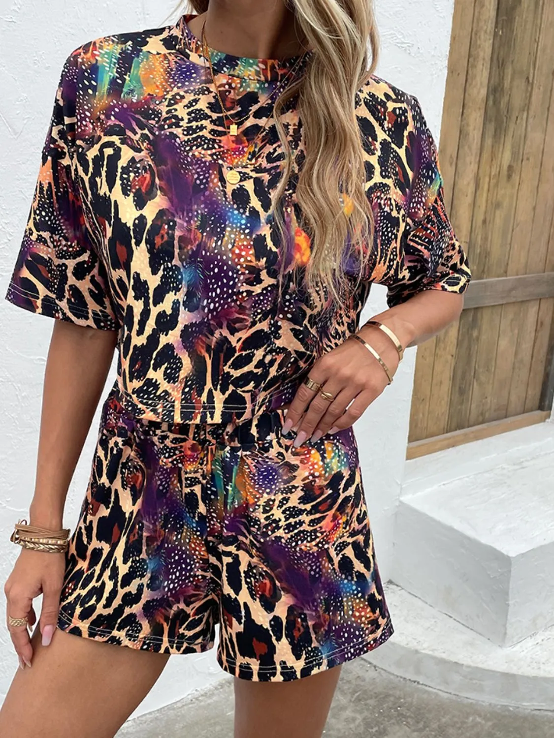 Leopard Cosmos Printed Round Neck Dropped Shoulder Half Sleeve Top and Shorts Set