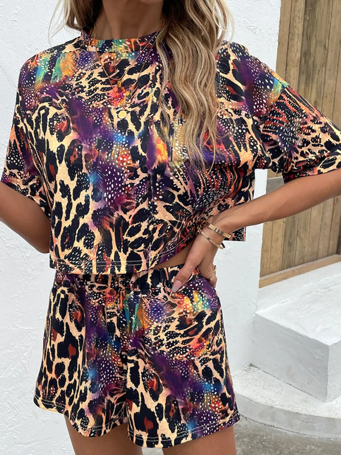 Leopard Cosmos Printed Round Neck Dropped Shoulder Half Sleeve Top and Shorts Set