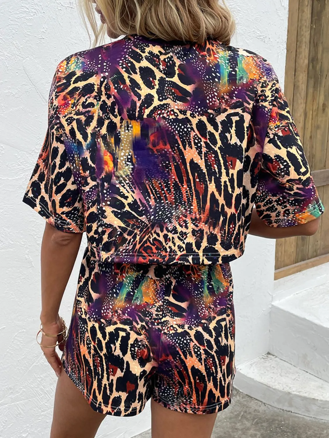 Leopard Cosmos Printed Round Neck Dropped Shoulder Half Sleeve Top and Shorts Set