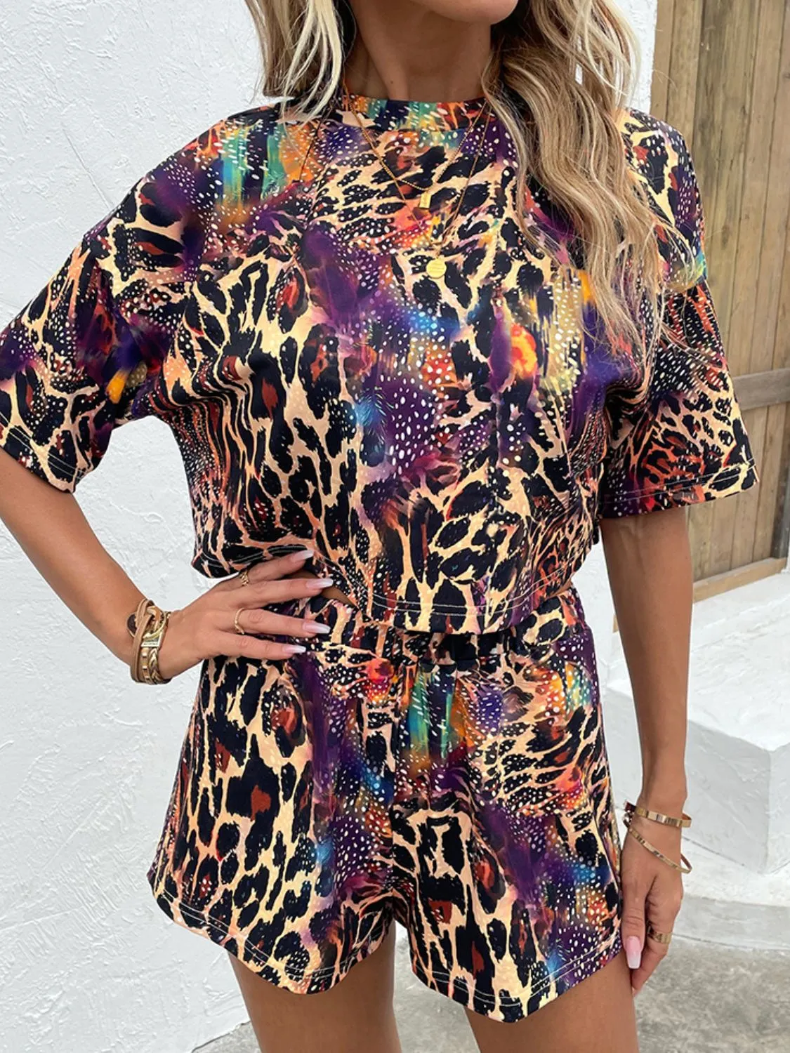 Leopard Cosmos Printed Round Neck Dropped Shoulder Half Sleeve Top and Shorts Set