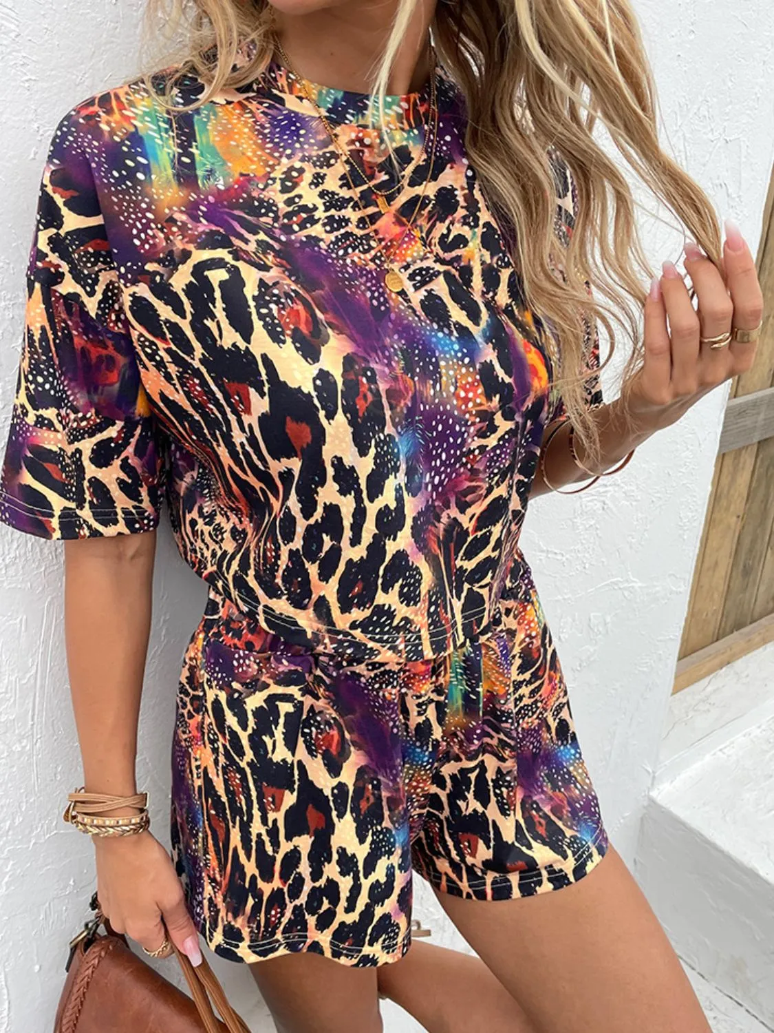 Leopard Cosmos Printed Round Neck Dropped Shoulder Half Sleeve Top and Shorts Set