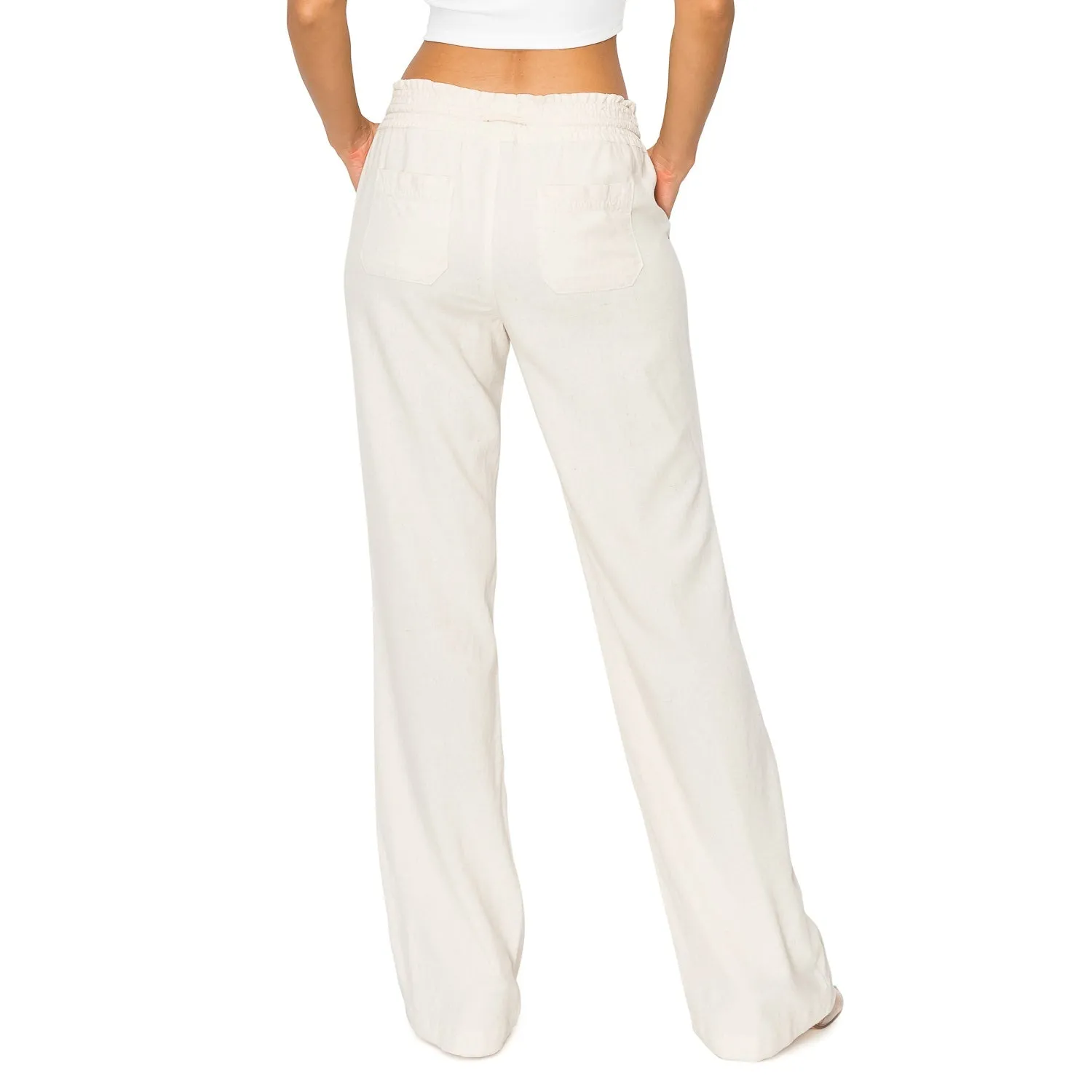 Linen Pants 32" Inseam Drawstring Smocked Waist Beach Pants - Oatmeal
