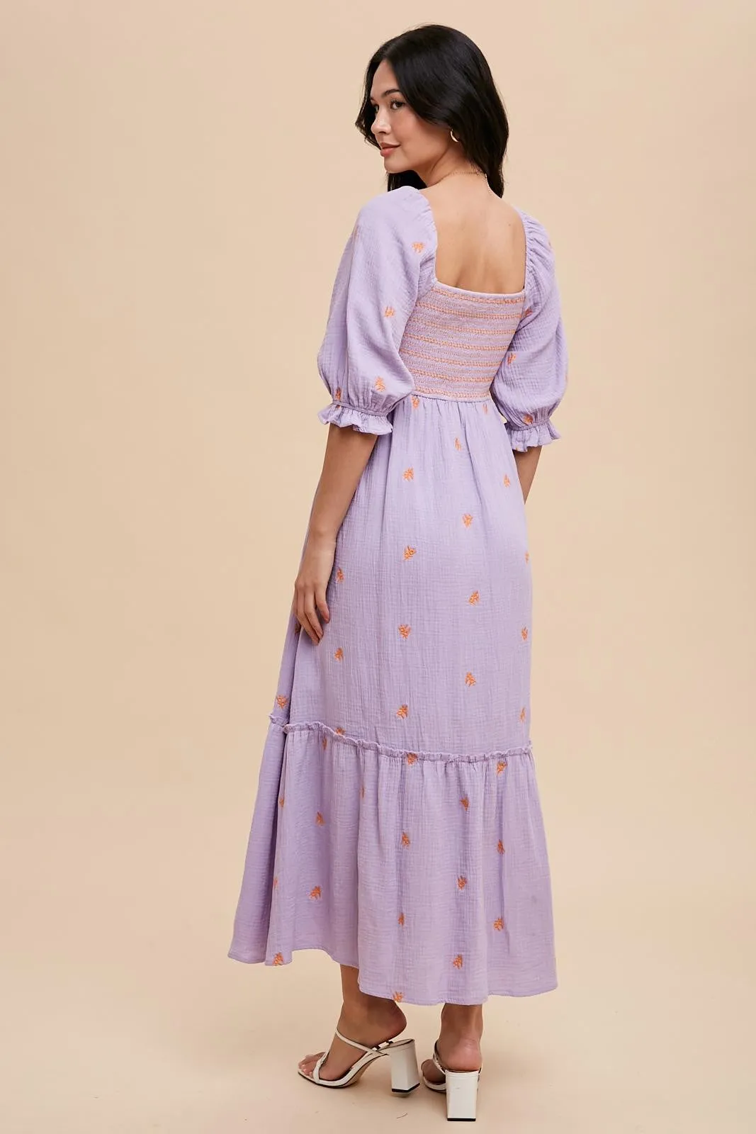 Mandy Lavender Embroidered Smocked Maxi Dress