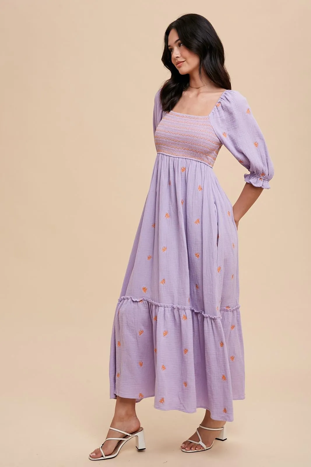 Mandy Lavender Embroidered Smocked Maxi Dress