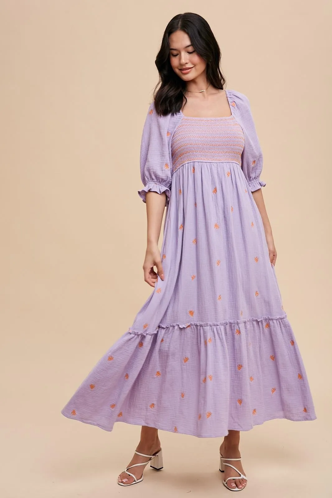 Mandy Lavender Embroidered Smocked Maxi Dress