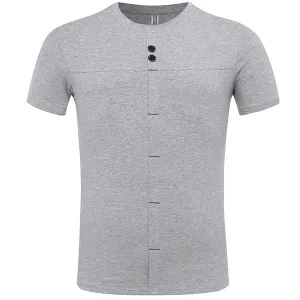 Mens Summer Buttons Solid Color Short Sleeve O-neck Casual Cotton T-shirt