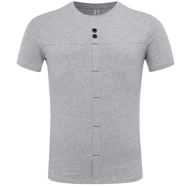 Mens Summer Buttons Solid Color Short Sleeve O-neck Casual Cotton T-shirt